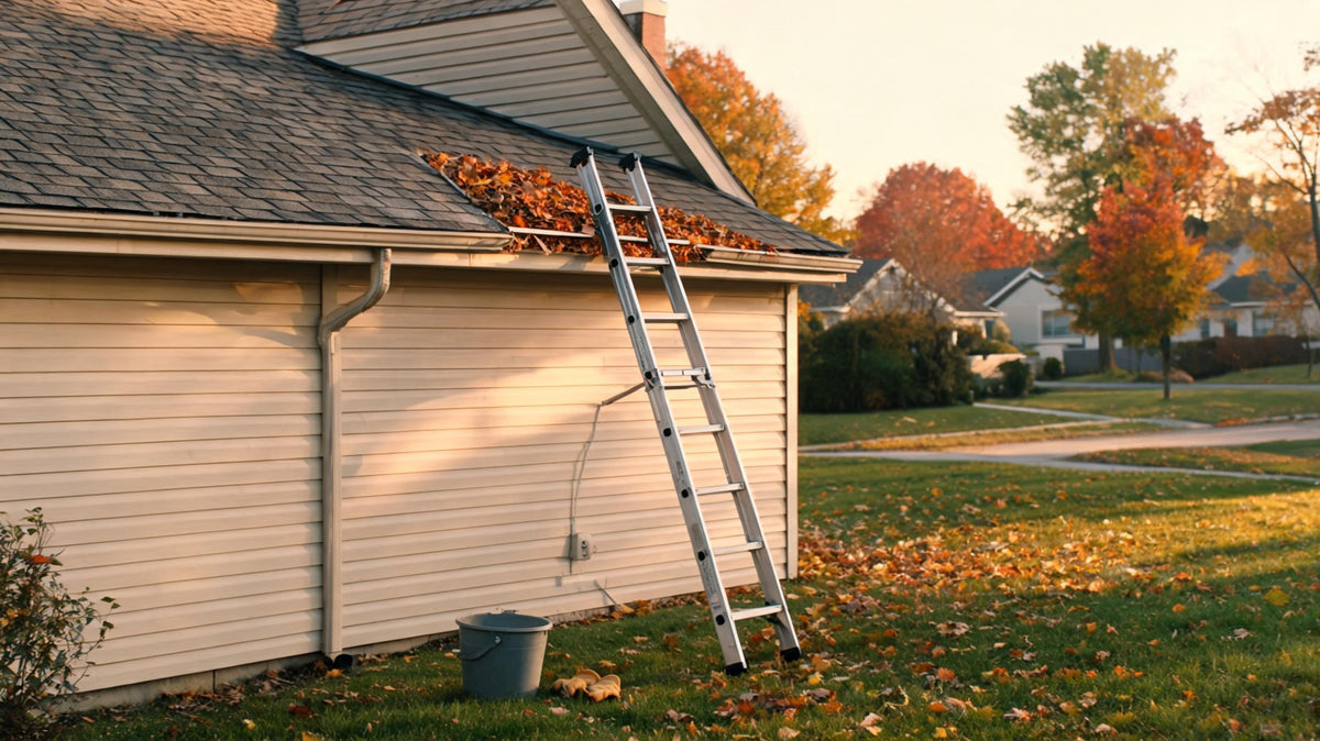 Extension ladder leaning against the roofline of a suburban house in autumn beside a gutter filled with fallen leaves, ready for seasonal home maintenance