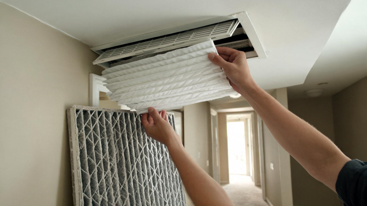 Replacing a clean pleated HVAC air filter in a ceiling return vent, with the dirty grey used filter leaning against the wall below