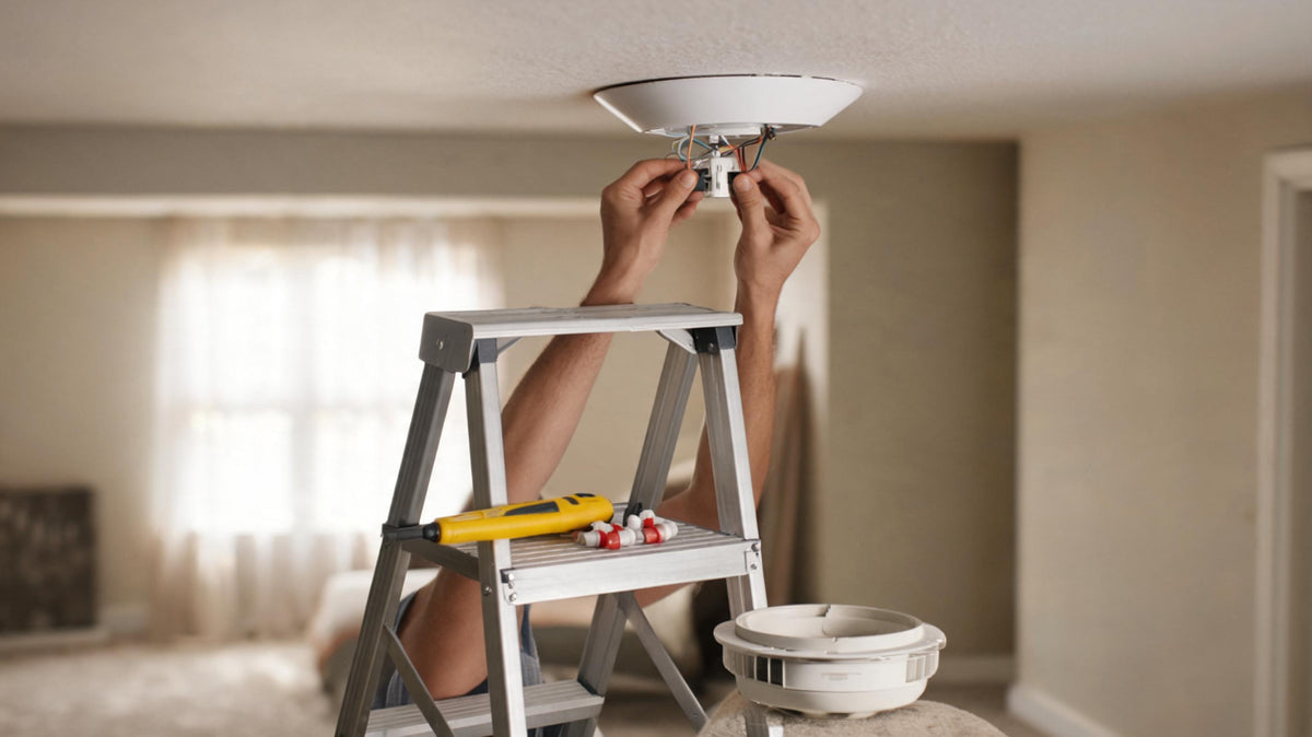 Installing a flush-mount ceiling light fixture from a step ladder, with wire nuts and a non-contact voltage tester on the ladder tray