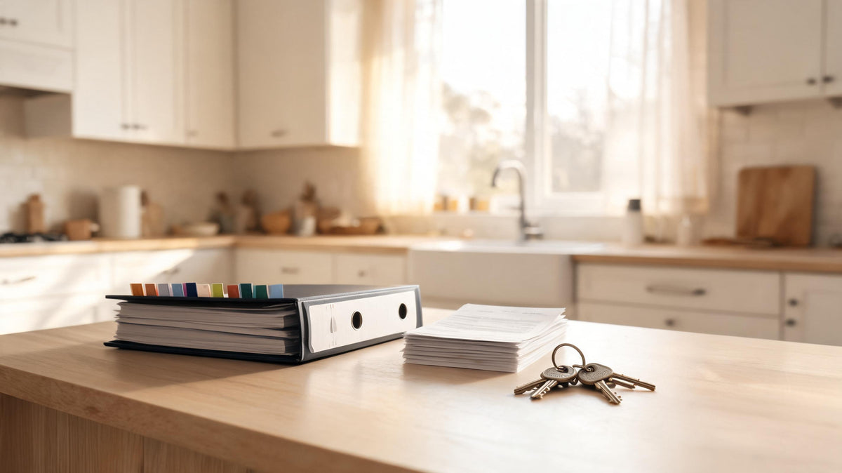 Binder of organized home maintenance records and invoices with house keys on a kitchen island in a home staged for sale