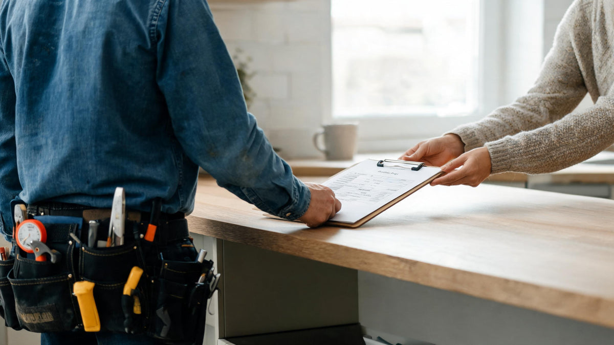 Contractor in a tool belt handing a written estimate on a clipboard across a kitchen counter to a homeowner