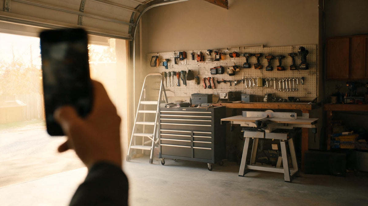 Photographing tools and equipment in a home garage with a smartphone to build a home inventory list for insurance