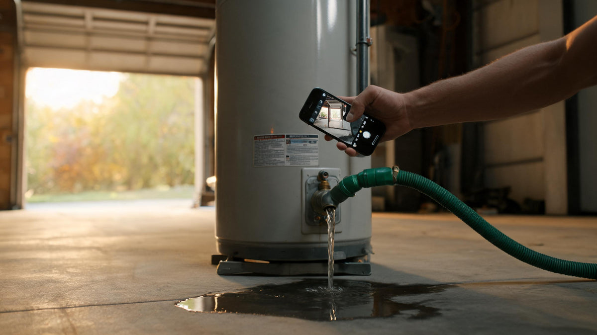 Homeowner flushing a residential gas water heater with a garden hose while photographing the model plate to record the install date