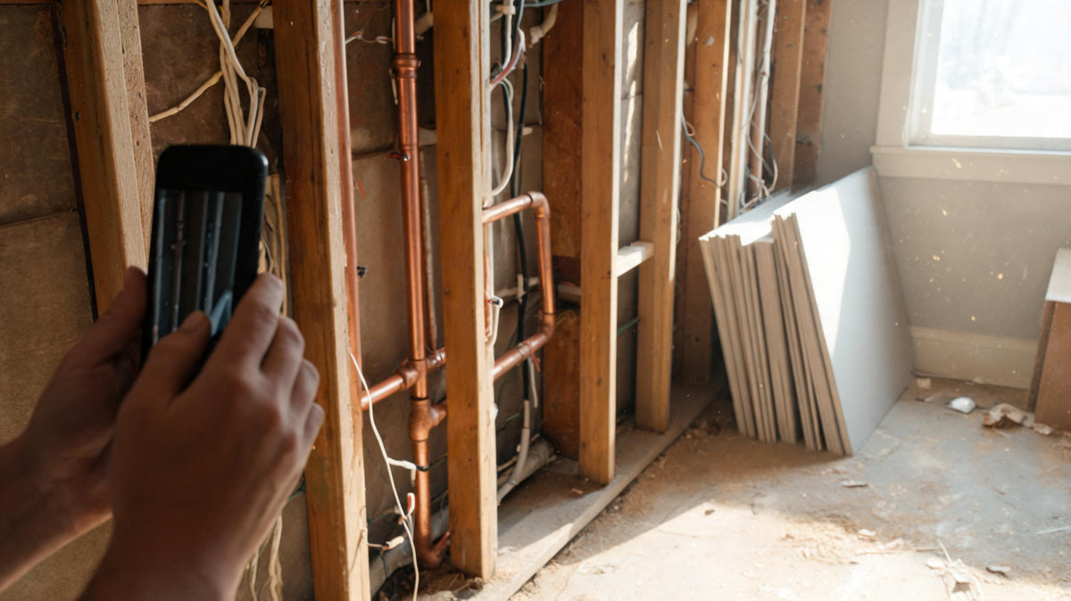 Photographing an open stud wall showing new copper plumbing and electrical wiring during a renovation, documenting home improvements for insurance
