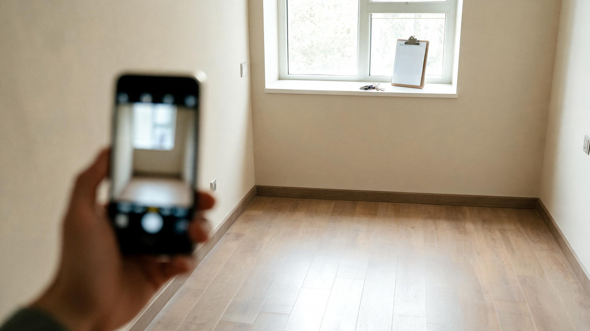 Landlord photographing an empty rental unit with a smartphone between tenants to document its condition for the maintenance record