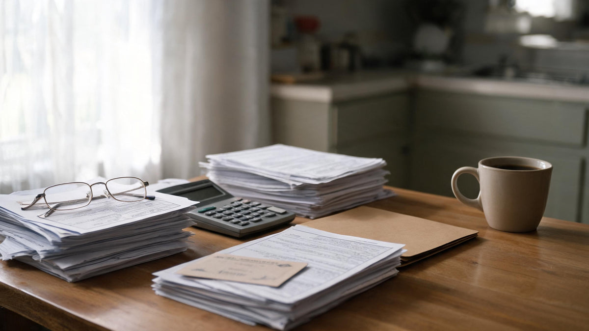 Home improvement receipts, contractor invoices and a building permit sorted on a kitchen table beside a calculator, kept as records for capital gains